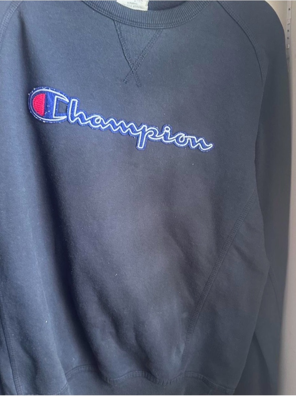 Champion Navy Crewneck with Script Logo and Red Accent